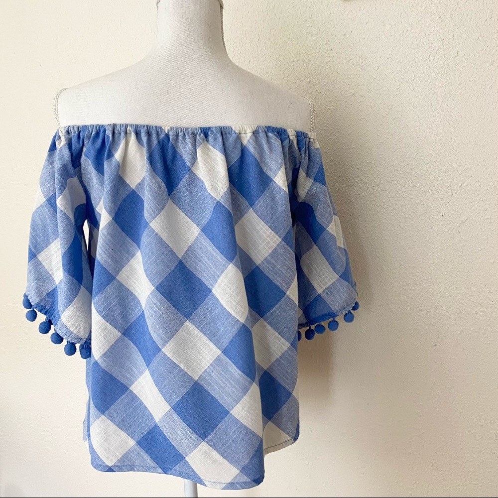Gingham Off-the-Shoulder Pom Pom Blouse - Picture 5 of 6